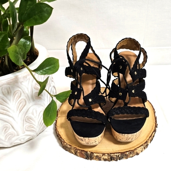 Qupid Black Cork Wedge Lace-Up Sandals Size 7 - Picture 2 of 4